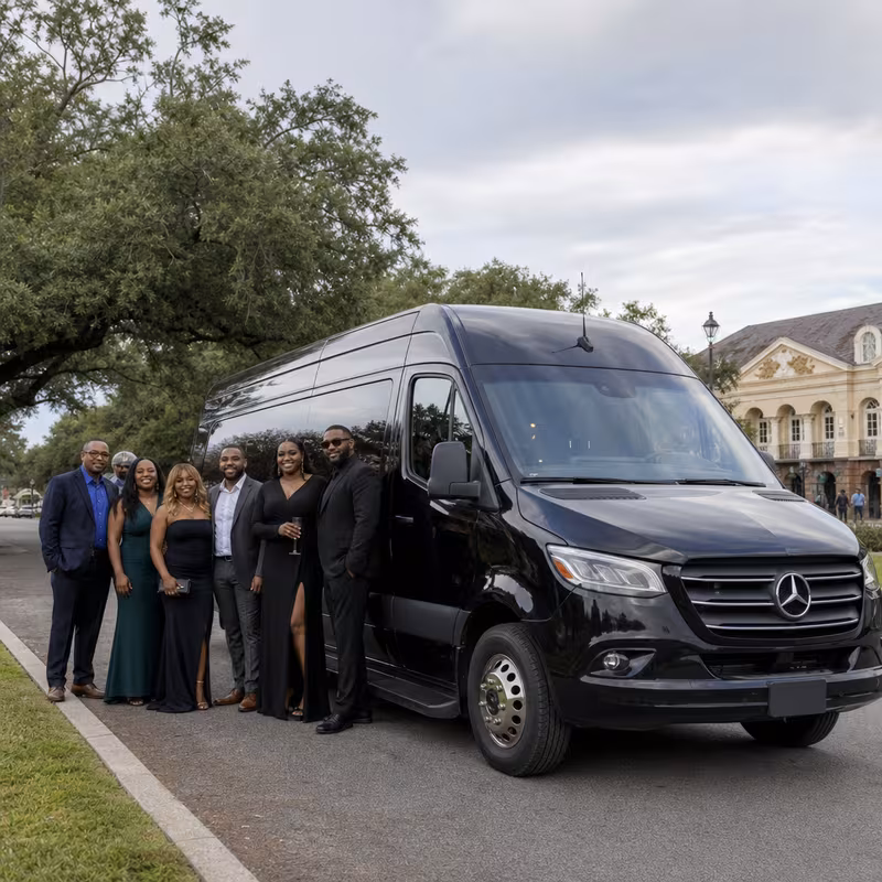Group beside a Mercedes Sprinter limo from the New Orleans fleet