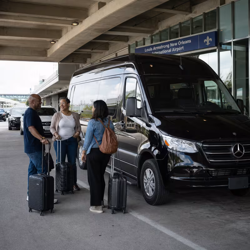 Group boarding a white charter bus for Airport Transportation transportation in New Orleans