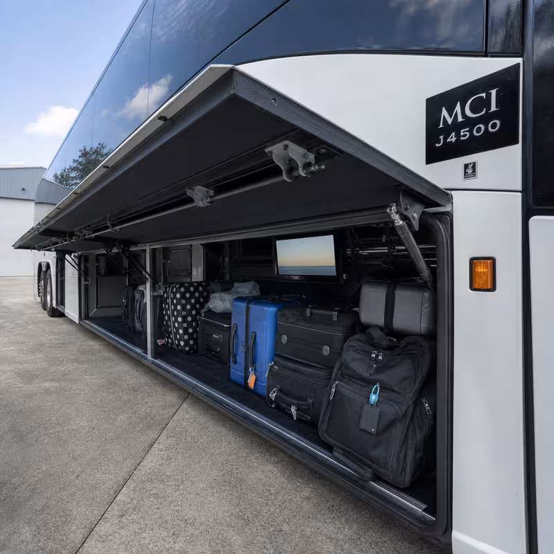 Party bus interior with wraparound leather seating and LED lighting in New Orleans
