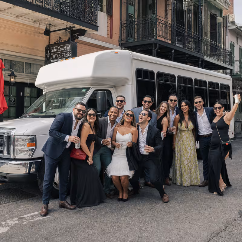 Black Mercedes Sprinter van staged for an New Orleans Bachelor & Bachelorette Transportation group