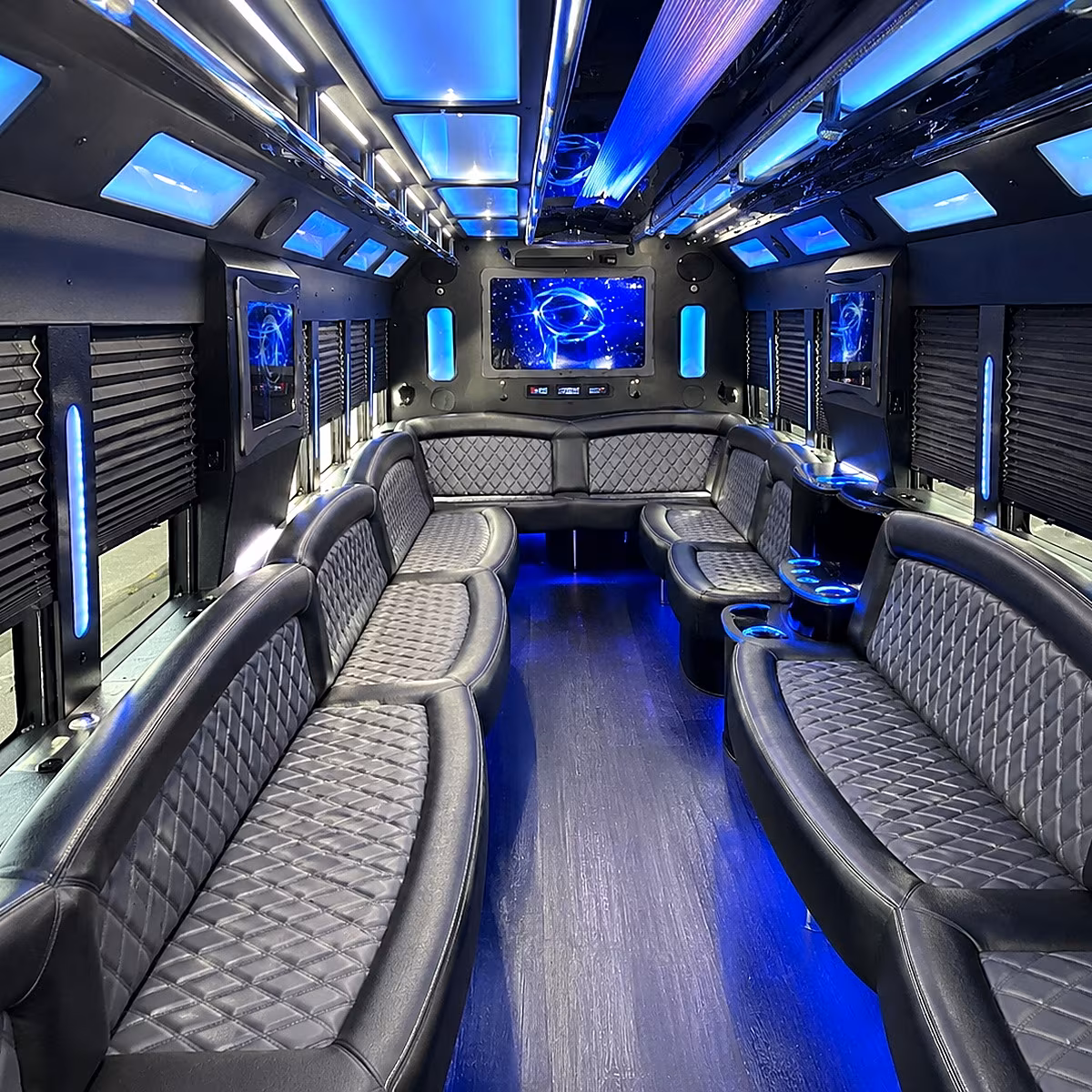 Interior of a party bus rental serving New Orleans