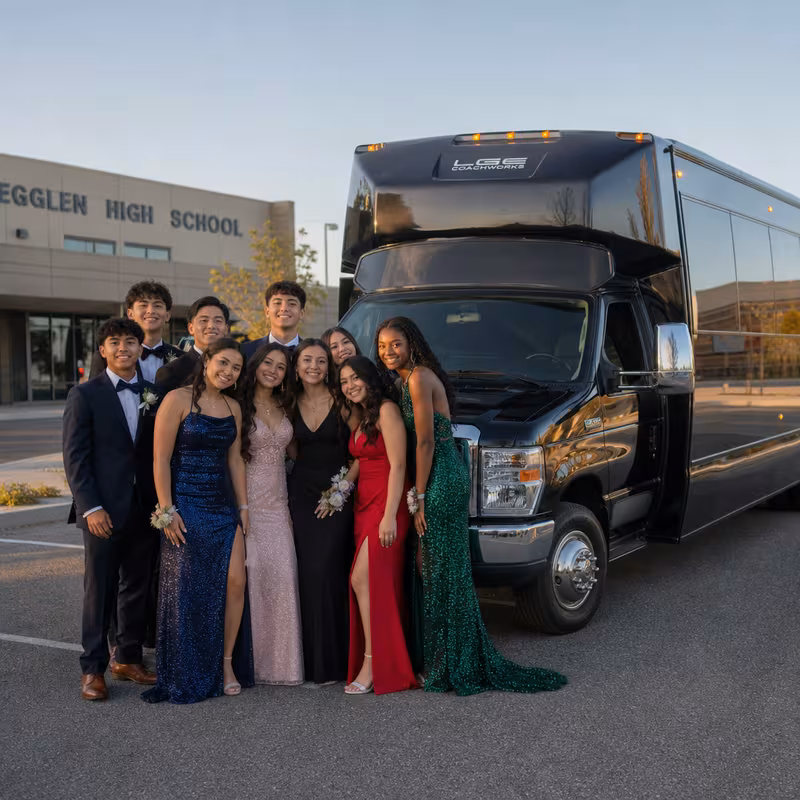 Group boarding a white charter bus for Prom & Homecoming Transportation transportation in New Orleans