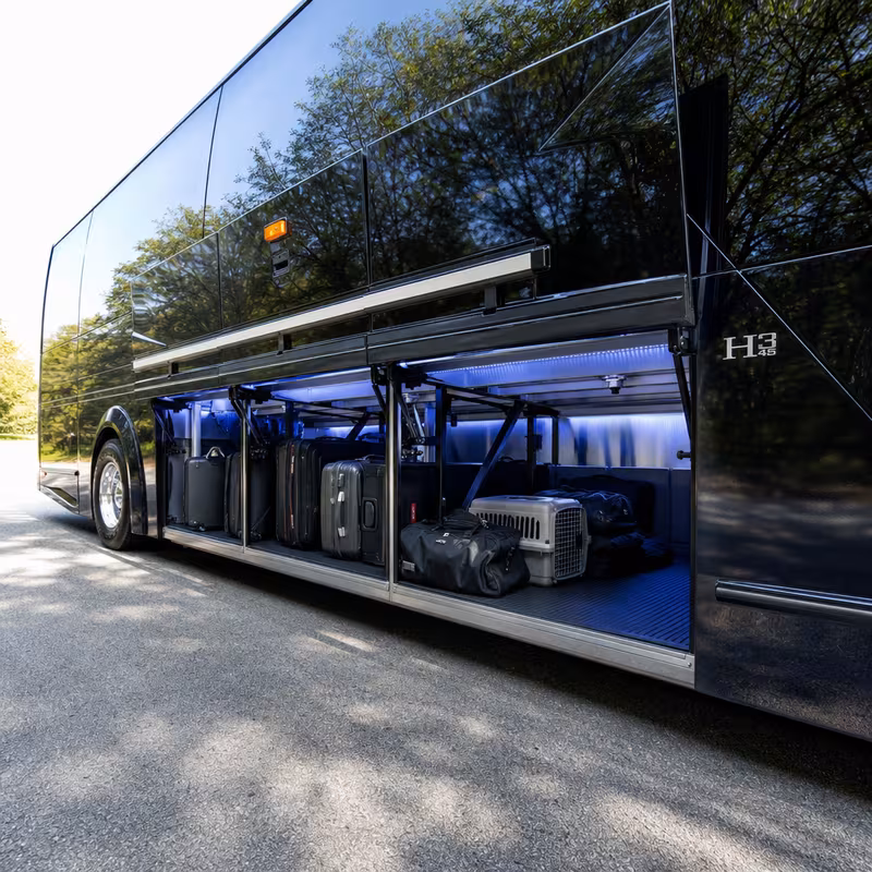Party bus interior with wraparound leather seating and LED lighting in New Orleans
