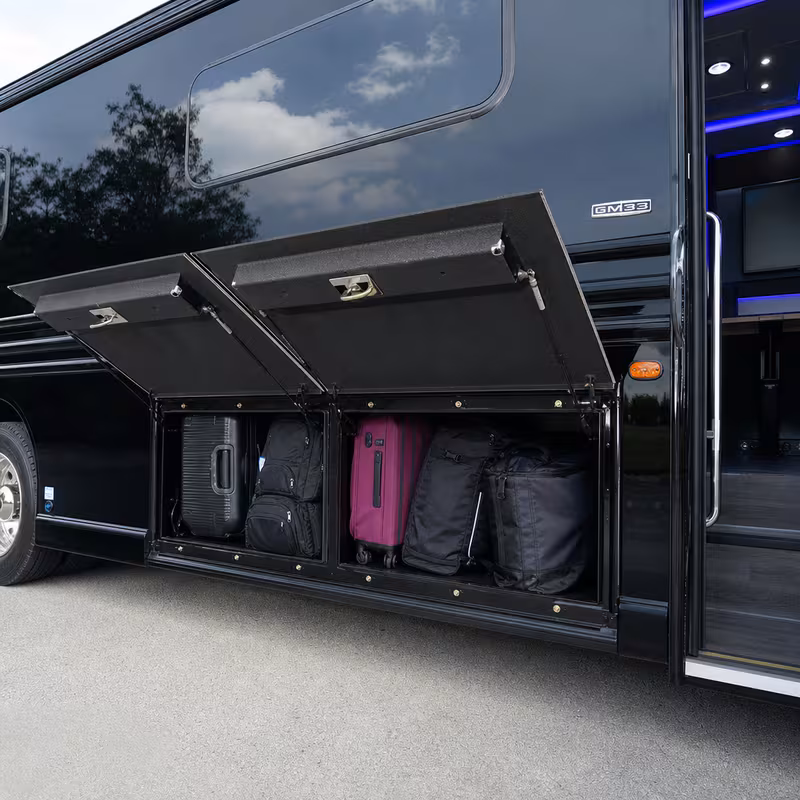 Party bus interior with wraparound leather seating and LED lighting in New Orleans
